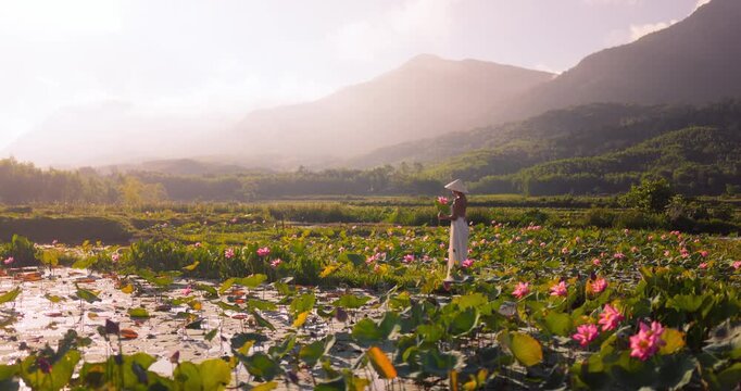Vietnamese Woman In Lotus Field, Tra Ly Pond Near Da Nang Sunrise