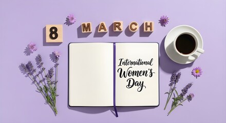 Naklejka premium A celebration of International Women's Day with flowers, coffee, and a journal on a purple background