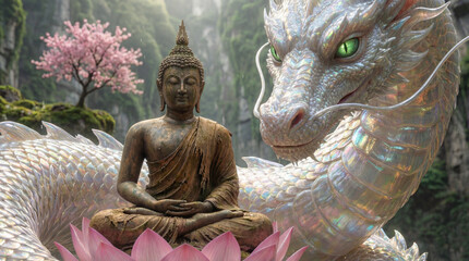 Serene Buddha Meditating Beside Majestic White Dragon in Mystical Forest.