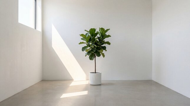 Int&eacute;rieur blanc minimaliste avec figuier lyre et lumi&egrave;re naturelle
