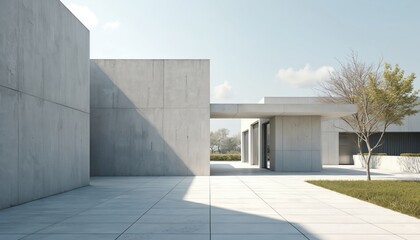 Minimalist concrete architecture exterior with clean lines and open space. Modern building design with outdoor patio and natural light. Geometric shapes and neutral tones for backdrop.