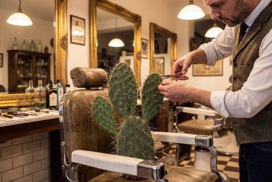 Cactus se faisant couper les &eacute;pines dans un fauteuil de barbier
