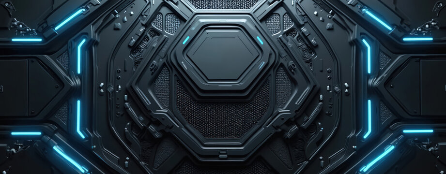 Dark industrial panel surface with blue neon light accents. Intricate geometric patterns and metallic textures form a futuristic machine design. Complex mechanical structure with digital elements.