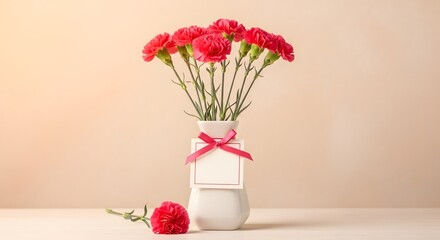 Obraz premium Happy mother's day bouquet of red roses in white vase with ribbon