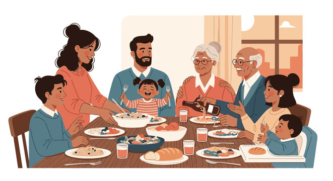 Family sitting around dinner table eating.