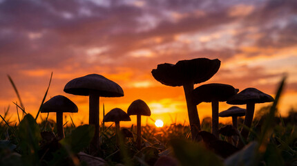 Silhouette of Mushrooms Against a Vibrant Sunset Sky.