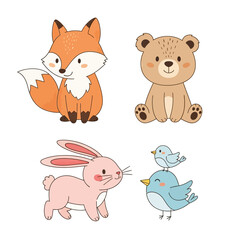 Obraz premium Cute Cartoon Forest Animals: Fox, Bear, Rabbit, and Birds Illustration