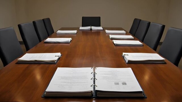 Conference room interior wooden table with chairs and documents