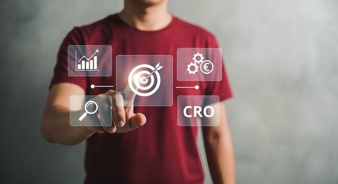 Man touching digital target icon for conversion rate optimization concept