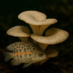 Fish swims amidst cluster of mushrooms in an underwater scene from a close-up viewpoint