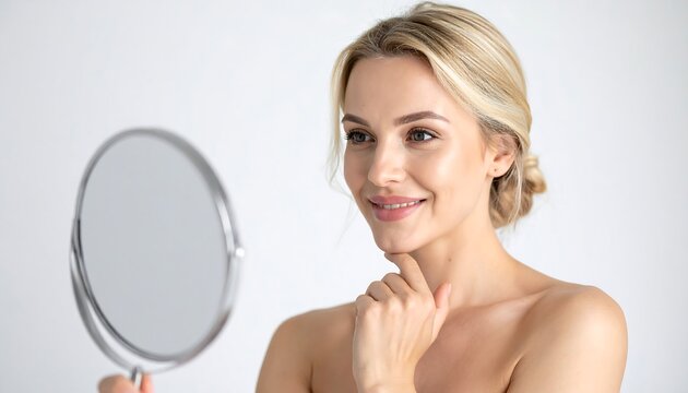 Blonde woman looking into mirror with gentle smile representing beauty routine confidence and modern self care lifestyle