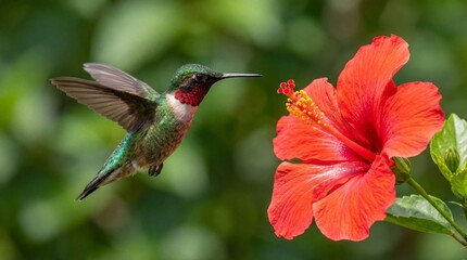 Naklejka premium Colibri en vol stationnaire près d'une fleur d'hibiscus tropicale