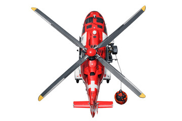 Swiss rescue helicopter flying with fire extinguishing bucket