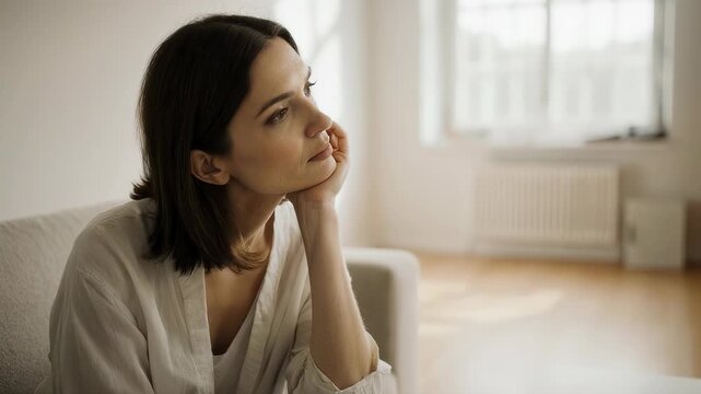 Pensive woman sitting on a sofa, deep in thought with a soft focus background.