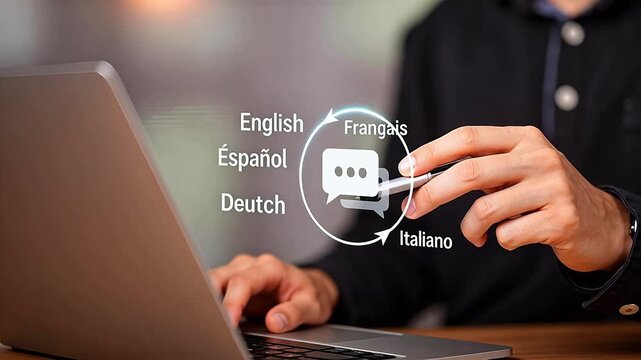 Person using laptop with language icons