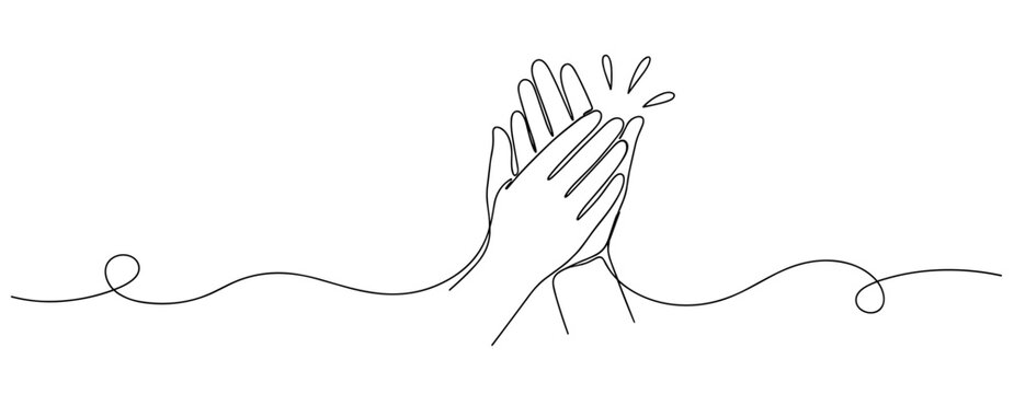 Minimalist line drawing of two hands clapping in celebration. No editable stroke