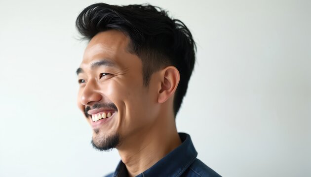 Asian man profile portrait smiling joyfully. His dimples show while he laughs. Dark hair styled neatly. White background isolates his happy face.