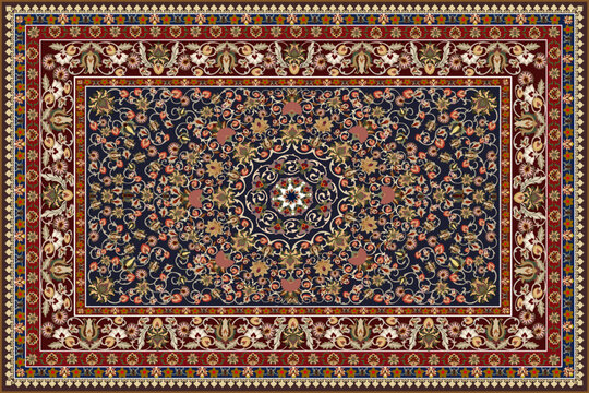 Persian Carpet with Eight-Point Star Medallion and Floral Ornamental Pattern