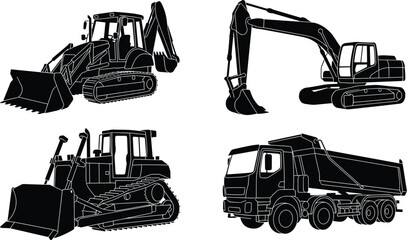 Construction heavy equipment silhouettes isolated on white background, excavator, bulldozer, backhoe loader and dump truck industrial machinery illustration set. © Shahariar's World
