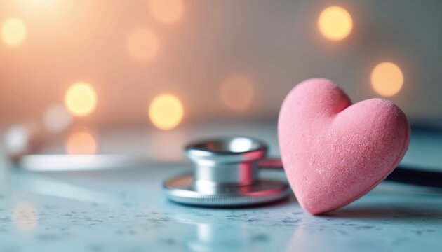 Close-up on pink heart and stethoscope with blurred bokeh lights. Symbolizes health care, love, and medical support. Pro and caring medical visual for awareness.