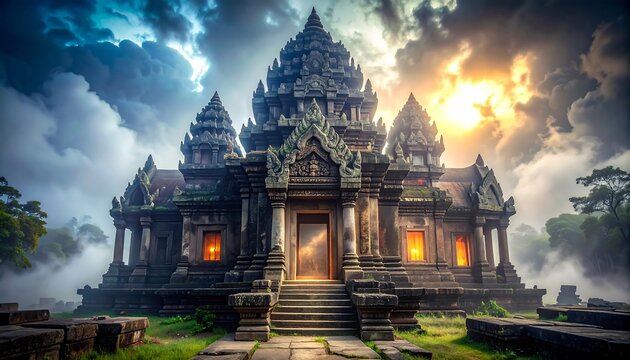 Ancient stone temple with ornate carvings and glowing windows sits beneath dramatic, stormy skies. Sunlight bursts through clouds
