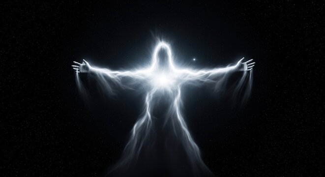Divine glowing silhouette with outstretched arms in cosmic black space spiritual energy light rays hope faith