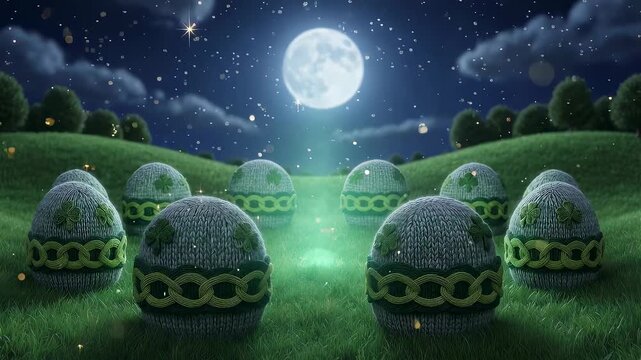 Knitted St Patrick Day eggs in a mystical night landscape with moon and stars, glowing green, a festive design concept.