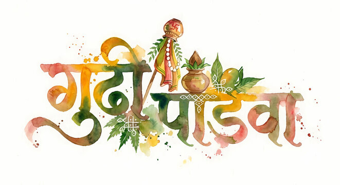 Gudi Padwa Watercolor Hindi Typography Design with Traditional Gudi, Kalash and Festive Indian Background.