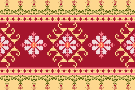 Traditional Cross-Stitch Embroidery - Detailed Vector Illustration for Textile Print Design ,pixel pattern. Design for clothing fabric textile ornamentation embroidery Hand stitched pattern.