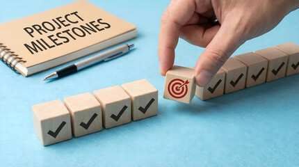 Hand placing a target block onto a row of milestone blocks beside an open notebook on a light blue surface &ndash; overhead photo view