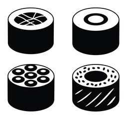 Four Stylized Black and White Sushi Rolls in Isometric View © khalid
