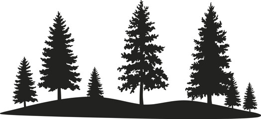 Black vector silhouette of a pine forest landscape featuring evergreen spruce and fir trees on a hilly horizon for nature and outdoor branding design,