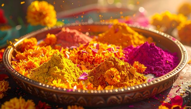 Festive arrangement of bright color powders and flowers for Doljatra celebration in Bengal Bangladesh