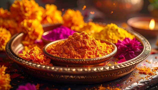 Colorful gulal powder and orange marigold petals on a bronze plate for Doljatra celebration in Bengal Bangladesh