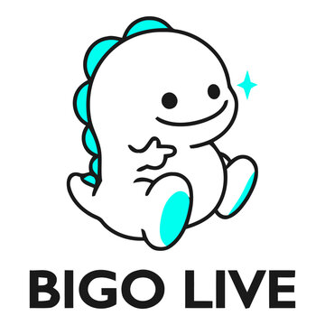 Cartoon white dinosaur-like creature with blue accents sitting, smiling, and pointing, with 'BIGO LIVE' text below on a white background.