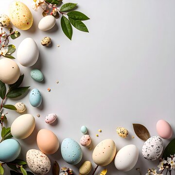 Assorted Pastel Speckled Easter Eggs with Blossoming Branches on Gray Background &ndash; Spring Floral Arrangement