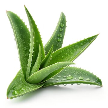 Fresh aloe vera plant with green leaves and water drops on white background for health and wellness products