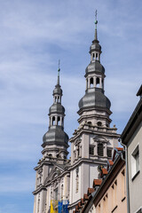 Fototapeta premium Stift Haug, Baroque church with a large dome, a historic religious landmark in the city. Würzburg, Bavaria, Germany 