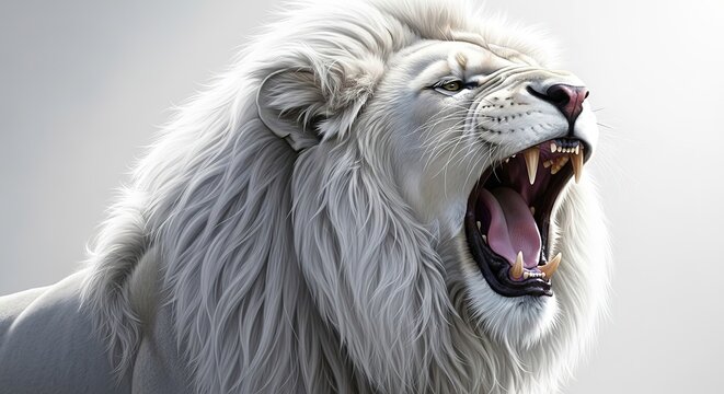 Majestic white lion roaring fiercely with open mouth in dramatic gray background wildlife portrait