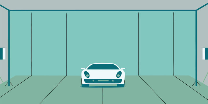 White sports car illustration in a minimalist teal room with infinite mirrored walls and artistic design