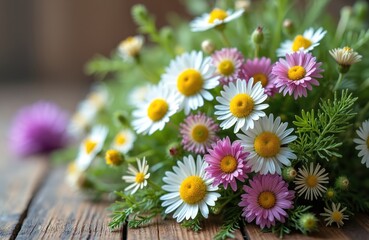 Obraz premium Mixed bouquet of daisies, asters with green foliage rests on aged wood planks. White yellow, pink blooms create natural spring meadow arrangement. Close-up view shows delicate petals, centres.