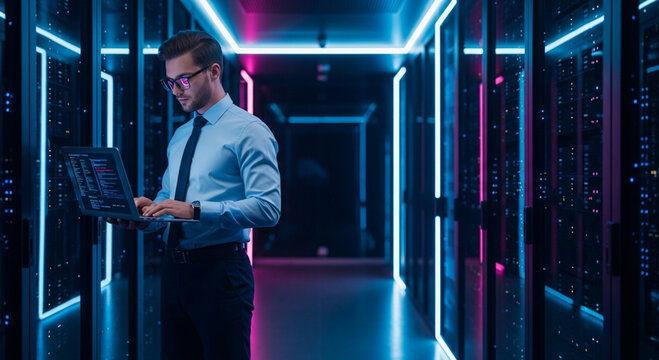 A man in business attire holds a laptop while standing in a dimly lit server room with blue and pink neon lights.