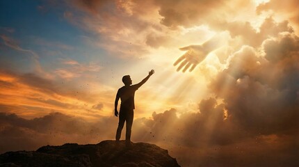 Obraz premium Small man sees God's hand in clouds seeking salvation from death concept. A person reaching out to a divine hand in a dramatic sunset sky.