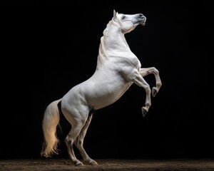 Fototapeta premium beautiful white horse rearing up on a black background