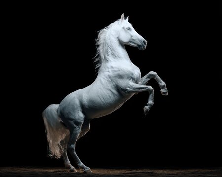 beautiful white horse rearing up on a black background