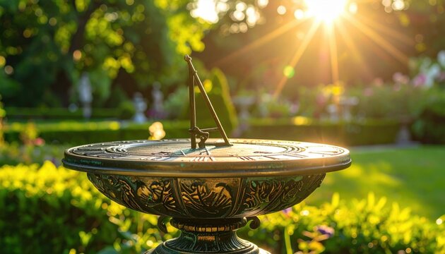 Polished bronze sundial with Roman numerals and intricate gnomon in a serene garden setting, FlyPro Firefly