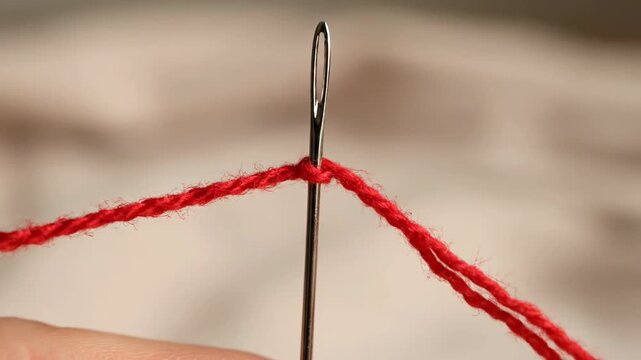 Sewing Needle with Red Thread Closeup.