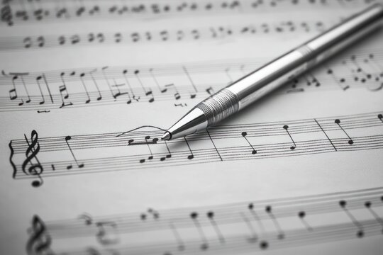 close-up of a metallic pen drawing a musical slur on printed sheet music, evoking focused creativity and composition