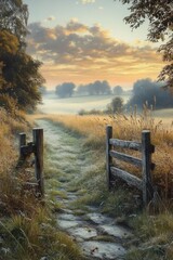 Obraz premium old wooden gate opening onto a frosty stone path through a grassy meadow toward mist-shrouded trees at sunrise with golden clouds, evoking a serene and tranquil morning