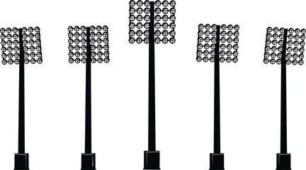Stadium floodlight tower silhouettes isolated on white background, sports arena lighting poles, professional field illumination equipment, night game infrastructure illustration set. © Shahariar's World